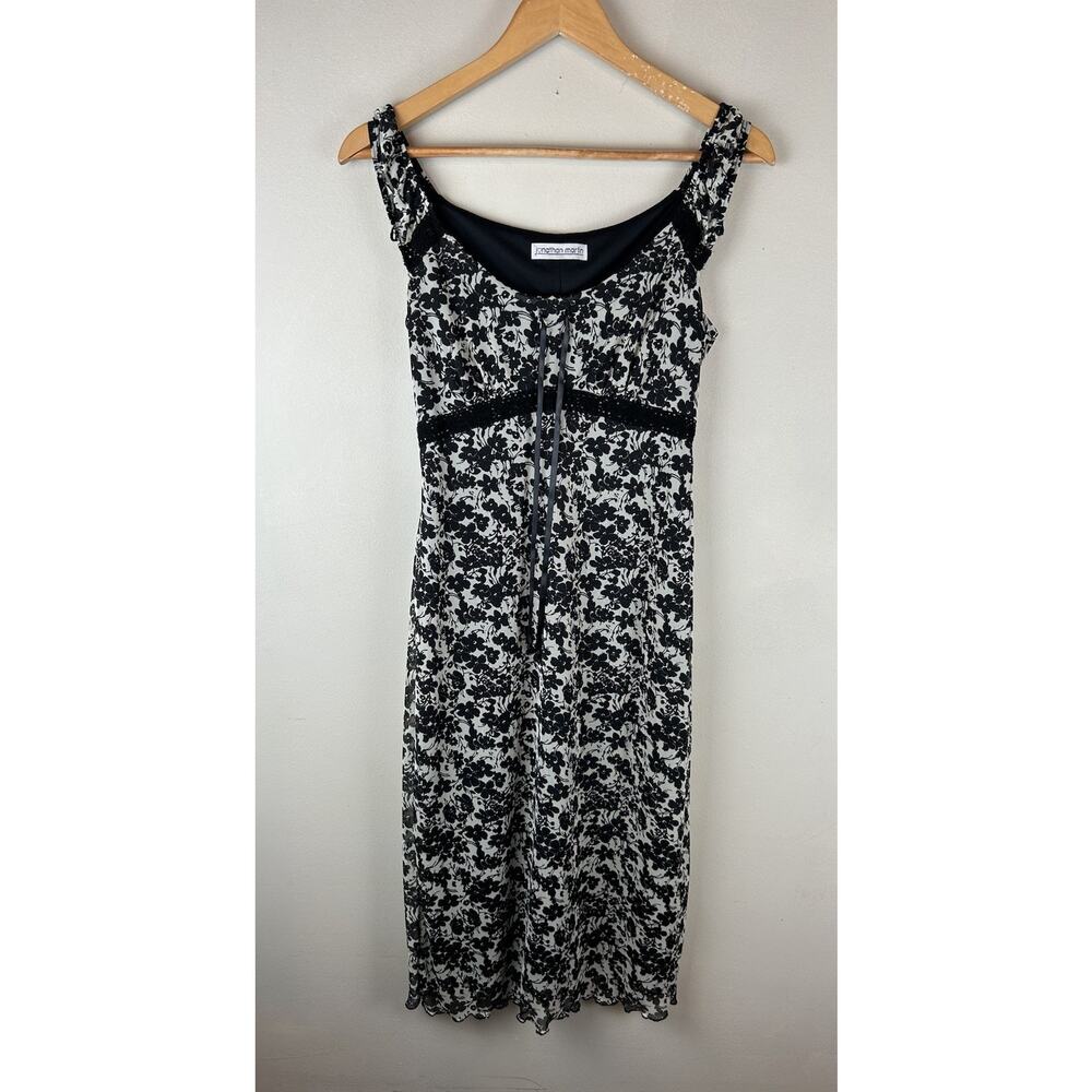 VTG Jonathan Martin Babydoll Black White Floral Dress Sz M 90's Y2K Lettuce Hem